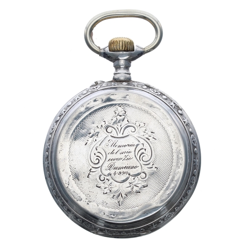 296 - Large Swiss white metal lever pocket watch, 15 jewel bar movement with compensated balance and regul... 