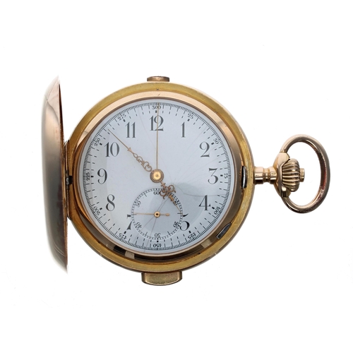 330 - Continental 18ct minute repeating chronograph lever set hunter pocket watch, the gilt movement with ... 