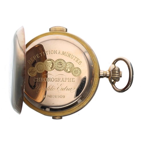 330 - Continental 18ct minute repeating chronograph lever set hunter pocket watch, the gilt movement with ... 