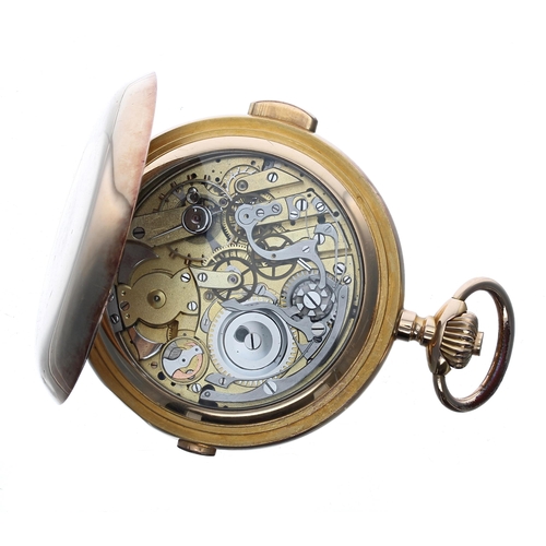 330 - Continental 18ct minute repeating chronograph lever set hunter pocket watch, the gilt movement with ... 