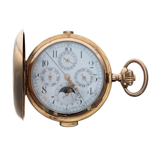 345 - Continental 18ct quarter repeating chronograph calendar lever set hunter pocket watch with moon phas... 