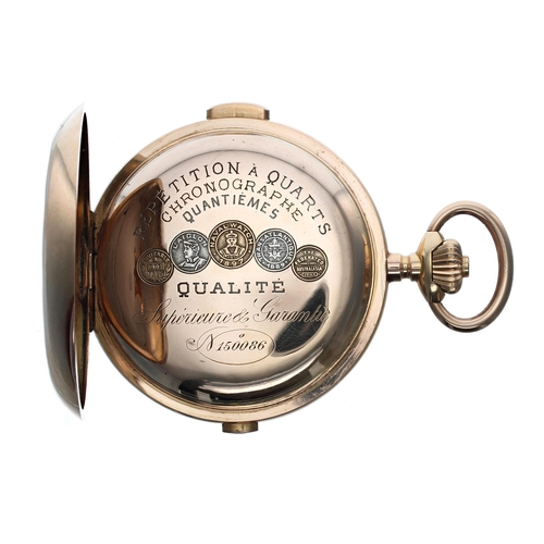 345 - Continental 18ct quarter repeating chronograph calendar lever set hunter pocket watch with moon phas... 