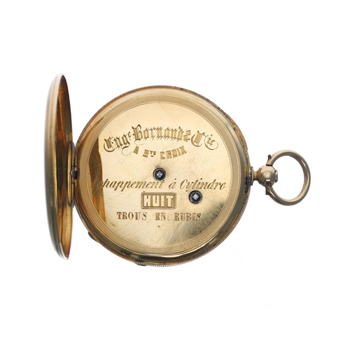 299 - Swiss 18k cylinder pocket watch, signed slim gilt bar movement signed Eug'e Bornand & Cie, A S't... 