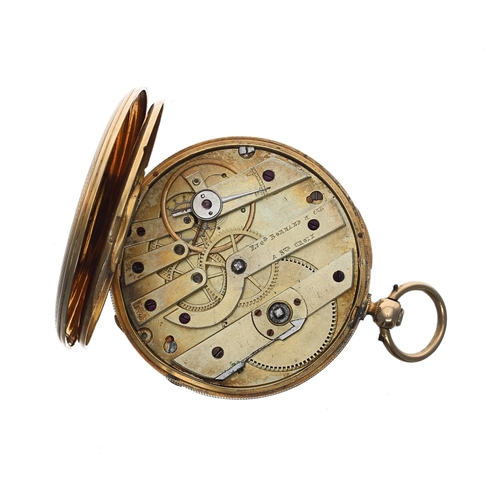 299 - Swiss 18k cylinder pocket watch, signed slim gilt bar movement signed Eug'e Bornand & Cie, A S't... 