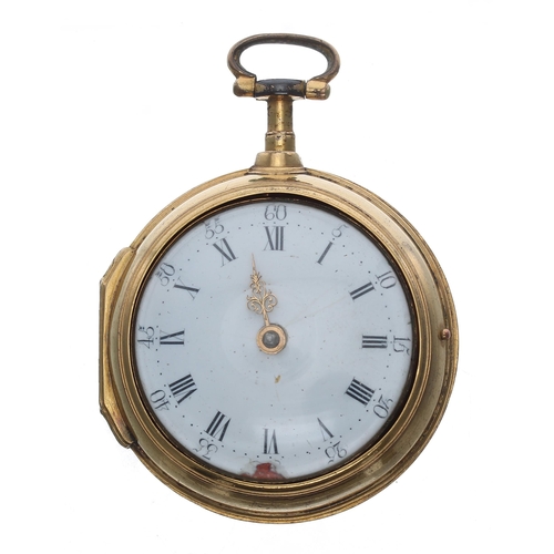 302 - English 18th century gilt metal verge pair cased pocket watch, the fusee movement signed Haley &... 