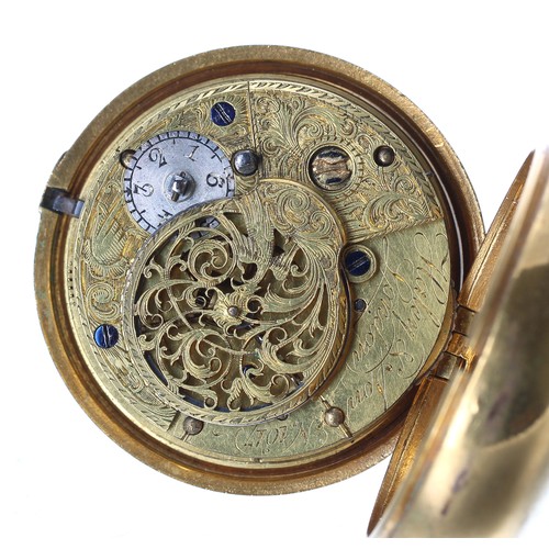 302 - English 18th century gilt metal verge pair cased pocket watch, the fusee movement signed Haley &... 