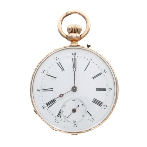 304 - Swiss 18ct cylinder pocket watch, 8 jewel gilt frosted bar movement with gilt three arm balance and ... 