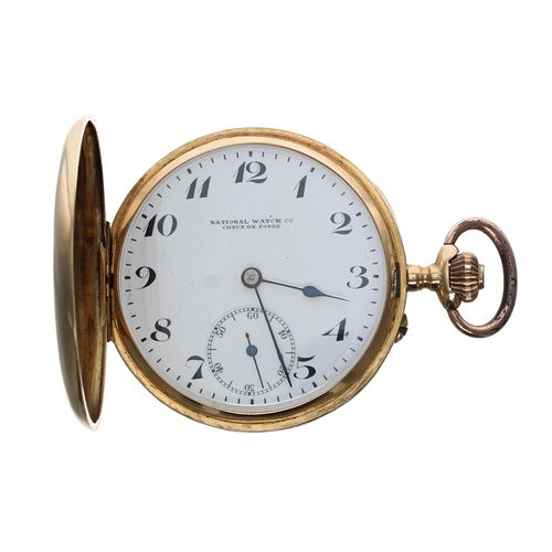 306 - National Watch Co. Swiss 18ct lever hunter pocket watch, gilt movement with compensated balance and ... 