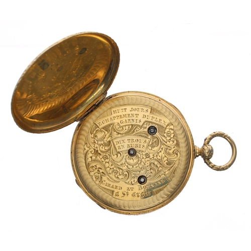 283 - Attractive Swiss engraved 18k duplex dress pocket watch, gilt movement signed Girard et Bornand, a S... 