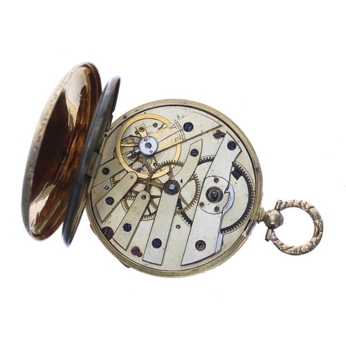 311 - Continental 18k cylinder dress pocket watch, frosted bar movement with gilt three arm balance and re... 