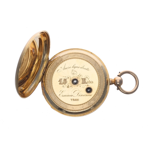 313 - Attractive 18ct lever pocket watch, 15 jewel gilt frosted bar movement with compensated balance and ... 