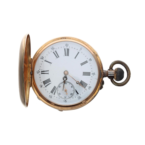 314 - Swiss 18ct half hunter lever pocket watch, 15 jewel gilt frosted bar movement with compensated balan... 