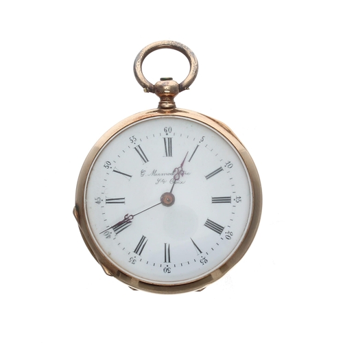 317 - Attractive Swiss 14ct and enamel cylinder fob watch, bar movement with gilt three arm balance and re... 