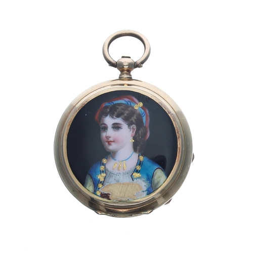 317 - Attractive Swiss 14ct and enamel cylinder fob watch, bar movement with gilt three arm balance and re... 