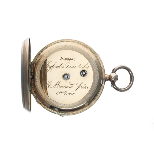 317 - Attractive Swiss 14ct and enamel cylinder fob watch, bar movement with gilt three arm balance and re... 