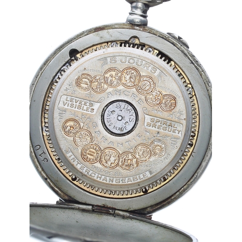 337 - Hebdomas 8-day nickel cased pocket watch, the dial with Arabic numerals and visible balance, within ... 