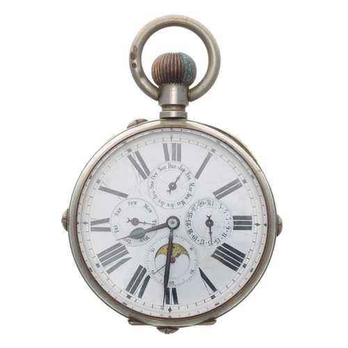 344 - Goliath calendar nickel cased lever pocket watch, the gilt frosted bar movement with compensated bal... 