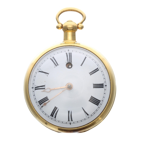 342 - Late 18th/19th century English gilt metal verge pocket watch, the fusee movement signed Jn'o Monkhou... 