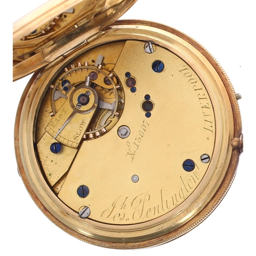 290 - Joseph Penlington 18ct half hunter lever pocket watch, London 1872, the gilt frosted three quarter p... 