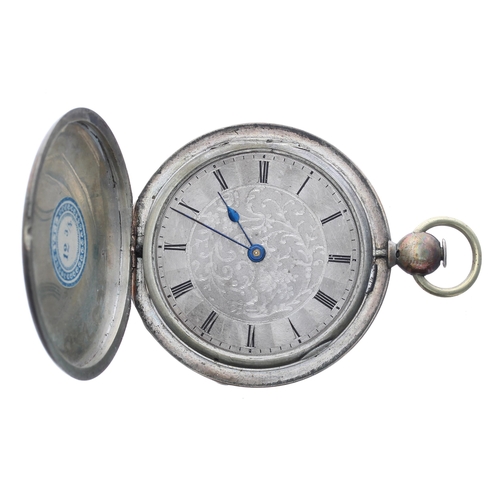 346 - Continental slim silver cylinder hunter pocket watch, with Lepine style gilt movement, the silver da... 