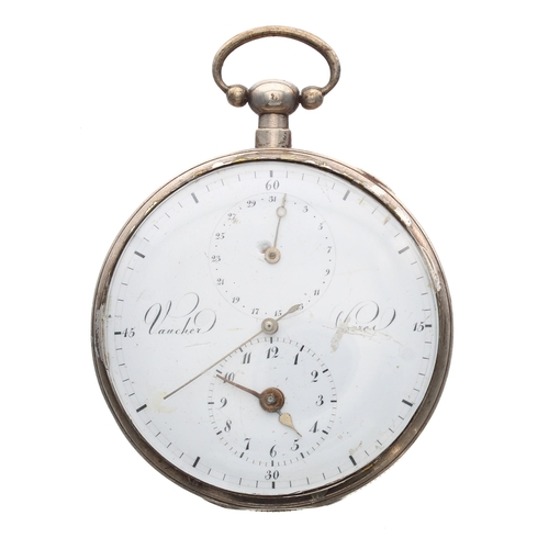 352 - Swiss white metal centre seconds calendar verge pocket watch, the gilt movement with pierced engrave... 