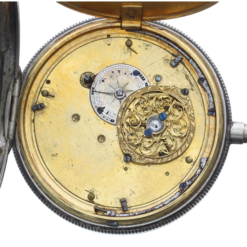 352 - Swiss white metal centre seconds calendar verge pocket watch, the gilt movement with pierced engrave... 