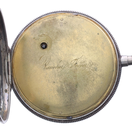 352 - Swiss white metal centre seconds calendar verge pocket watch, the gilt movement with pierced engrave... 