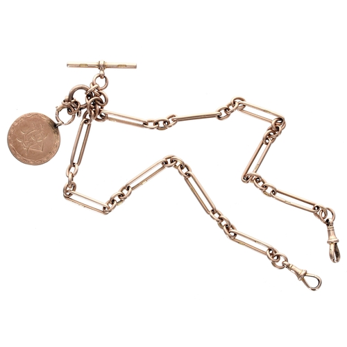 360 - Good 15ct rose gold Figaro link double watch Albert chain, with two 15ct clasps and 15ct T-bar and 9... 