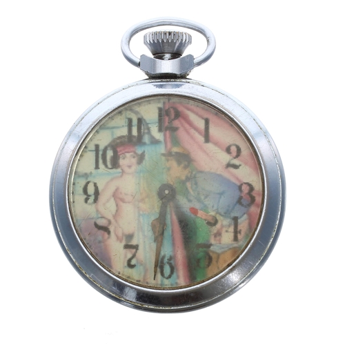 367 - Novelty chrome erotic automaton pocket watch, 51mm