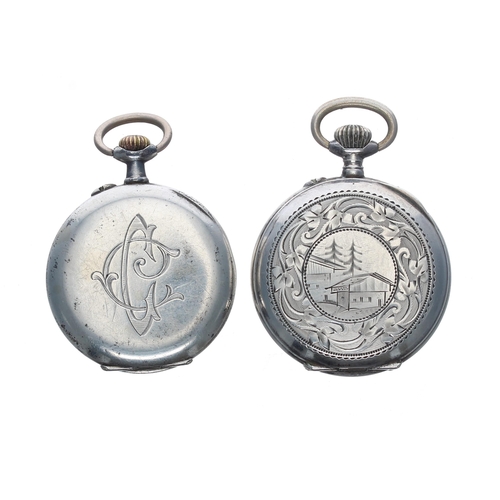 374 - Continental silver (0.800) cylinder engraved fob watch, 31mm; together with a continental silver (0.... 