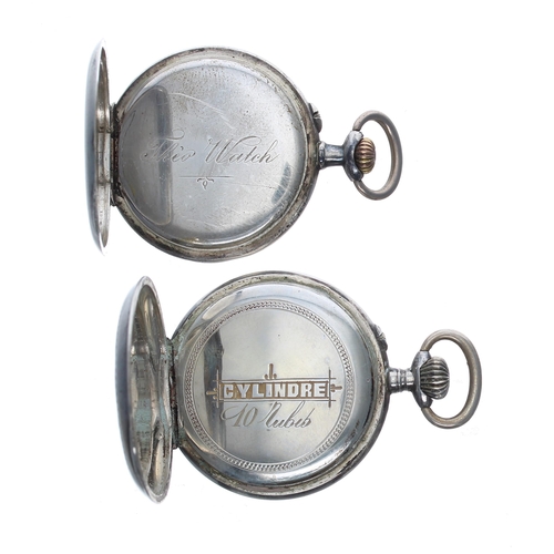 374 - Continental silver (0.800) cylinder engraved fob watch, 31mm; together with a continental silver (0.... 