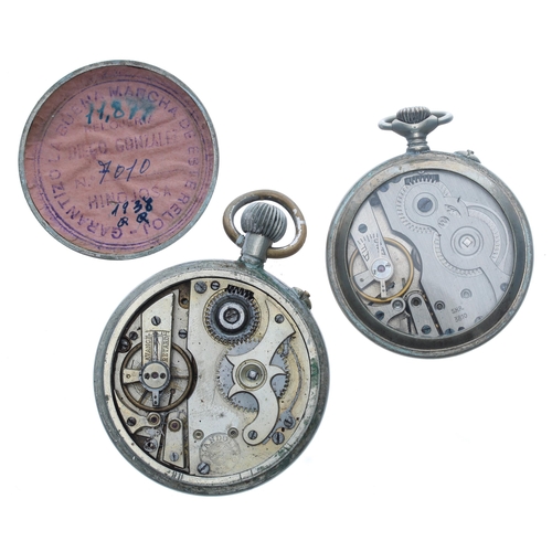 376 - Roskopf nickel cased lever pocket watch, 45mm; together with a Mandolino nickel cased lever pocket w... 