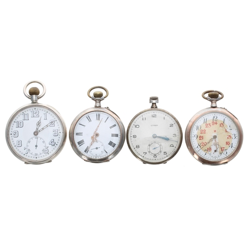 378 - Two Continental silver (0.800) cylinder pocket watches, each with gold plated band; together with a ... 