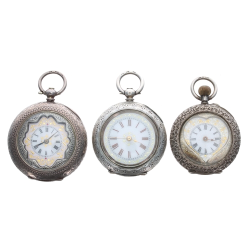 379 - Three silver (0.935) cylinder engraved fob watches