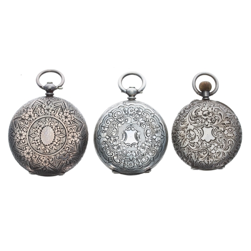 379 - Three silver (0.935) cylinder engraved fob watches