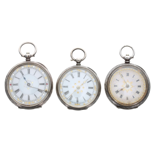 380 - Three silver (0.935) cylinder engraved fob watches