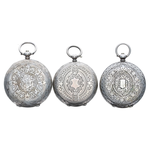 380 - Three silver (0.935) cylinder engraved fob watches