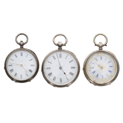 381 - Three silver cylinder engraved fob watches