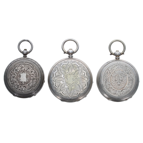 381 - Three silver cylinder engraved fob watches