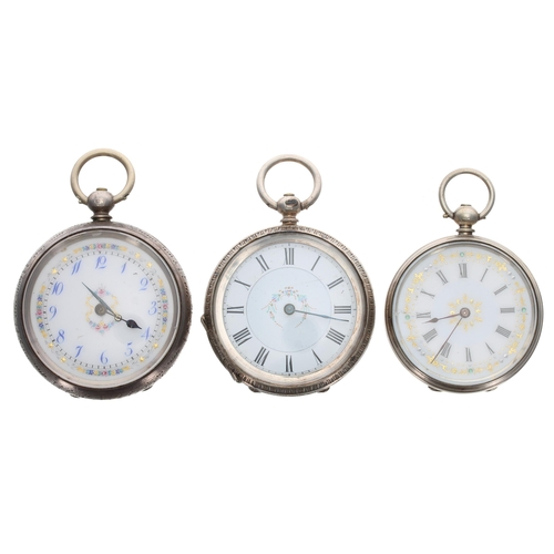 382 - Two silver cylinder engraved fob watches; together with a silver cylinder engine turned fob watch, k... 