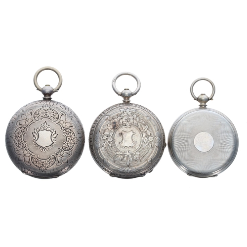 382 - Two silver cylinder engraved fob watches; together with a silver cylinder engine turned fob watch, k... 