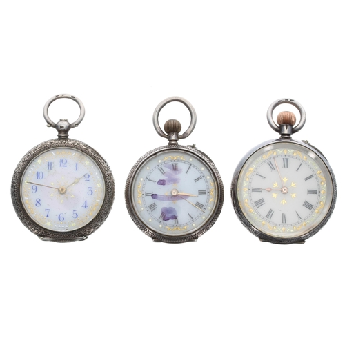 383 - Three silver cylinder engraved fob watches