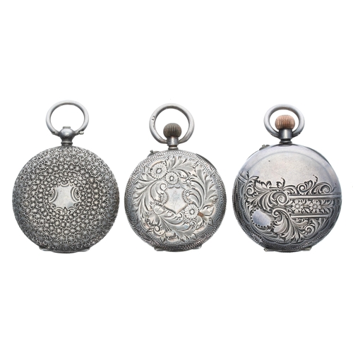 383 - Three silver cylinder engraved fob watches