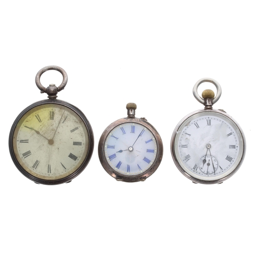 384 - Two silver cylinder fob watches; together with a silver lever fob watch (3)