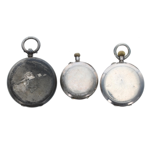 384 - Two silver cylinder fob watches; together with a silver lever fob watch (3)