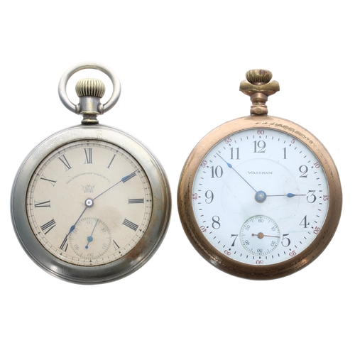 387 - Waterbury Watch Co. Series J nickel cased duplex pocket watch, 53mm; together with an American Walth... 