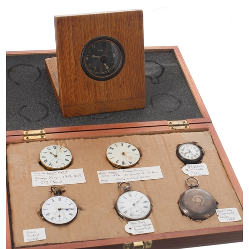 393 - WWII 8-day cockpit clock, mounted in a wooden stand, 2.5'' dial approx; together with a watch displa... 