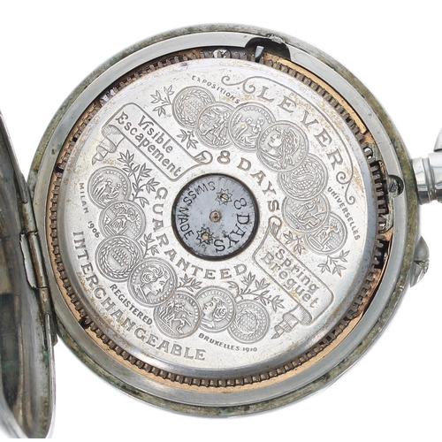 394 - Hebdomas Patent 8 days nickel cased pocket watch, the dial with enamel Roman numerals over a visible... 