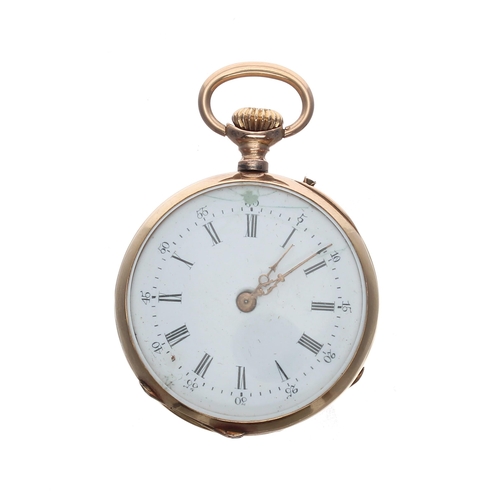 409 - Swiss 18ct cylinder fob watch for repair, 18ct inscribed hinged cuvette, Roman numeral dial with min... 