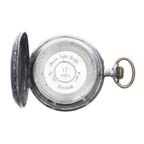 411 - Large Continental silver (0.800) lever engraved pocket watch in need of attention, 15 jewel bar leve... 